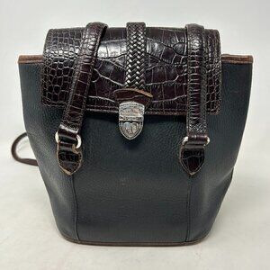 Brighton Vintage Brown Croc Embossed Black Leather Bucket Shoulder Bag